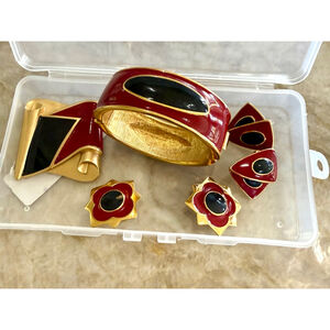 Monet New old stock Enamel Gold Tone Bracelet & 2 Earring Sets post clip brooch